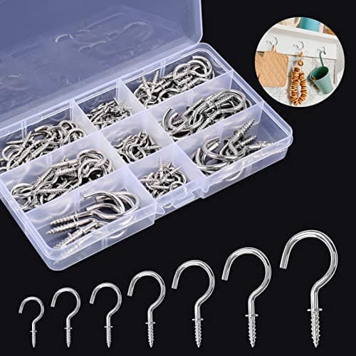 Image of Screw Hooks 7 Sizes, 120 Pieces Cup Hooks Nickel Plated Hooks Metal Screw-in Eye Hooks Ceiling Hook for Cabinet Shelf (Silver)