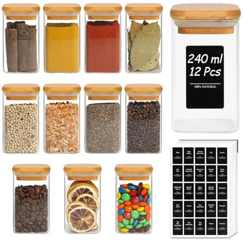 Image of ComSaf 12 Pcs Glass Spice Jars with Bamboo Lids, 240ml Square Seasoning Jars with Black Lables, Airtight Spice Jars with Lids, Glass Storage Container for Spice, Salt, Sugar, Seeds, Nuts etc