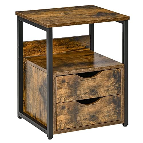 Image of HOMCOM Industrial Side Table with Drawer, Sofa Table, Bedside Cabinet with Storage Shelf, Slim Nightstand for Living Room, Bedroom, Rustic Brown