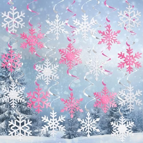 Image of 20Pcs Winter Snowflake Hanging Swirl Decorations, Christmas Snowflakes Ceiling Streamers Pink Sliver Snowflake Hanging Decorations for Christmas Winter Wonderland Frozen Party Supplies