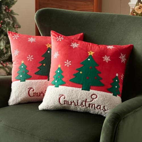 Image of Sonvie Christmas Cushion Covers Set Of 2 with Christmas Tree & Snowflake Decor, Soft Decorative Square Throw Pillow Cover 45x45cm(18x 18 in), Pillows Cases for Bedroom Sofa Couch Decorations