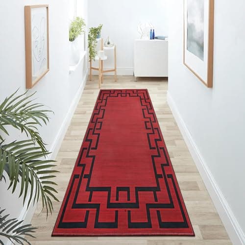 Image of Hafaa Red Runner Rugs for Hallway Non-Slip Greek Key Style Carpet for living room 60 x 220 cm Runner – Printed Carpets Runner for Lounge Office Bedroom (Lexi)