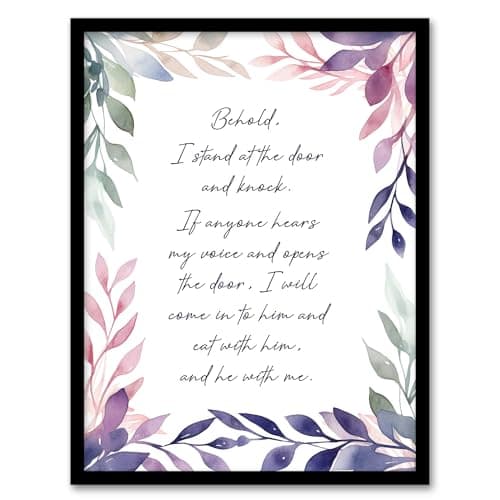 Image of Artery8 Behold Stand at Door and Knock Violet Revelation New Testament Jesus Christ Christian Bible Faith God Quote Revelations Flowers Artwork Artwork Framed Wall Art Print A4