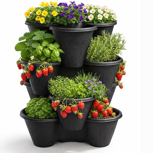Image of ALAYSTAR Pack of 4 Stackable Strawberry Planter Pots Vertical Garden Trio Planters Terracotta Durable Plastic Herb Flower Containers Indoor Outdoor Balcony Patio Space Saving Plant Pots (BLACK)