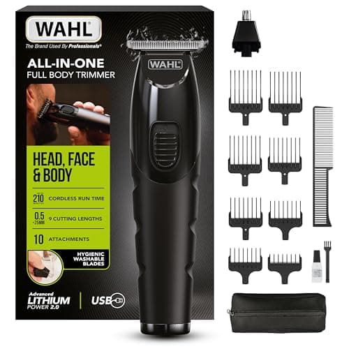 Image of Wahl All-in-One Full Body Trimmer for Men – Cordless Rechargeable Beard, Hair & Body Grooming Kit with Hygienic Washable Blades, Lithium Battery, 210 Minute runtime, 0.2mm - 25mm, Quick Charge