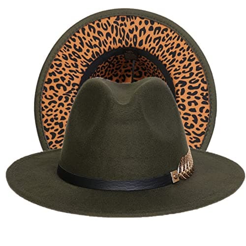 Image of JK Home Womens Mens Classic 1920s Gatsby Fedora Hats, Patchwork Two Tone Wide Brim Panama Roaring Jazz Cap Deep Green/Leopard