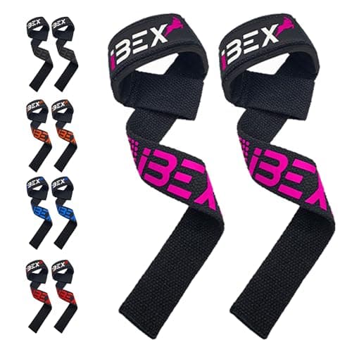 Image of iBEX Weight Lifting Straps with Padded Wrist Support and Advanced Gel Grips - Strongly stitched 100% cotton Extra Long Gym Straps for Deadlift, Workout & Barbell Shrugs (Pink)-Improved Version