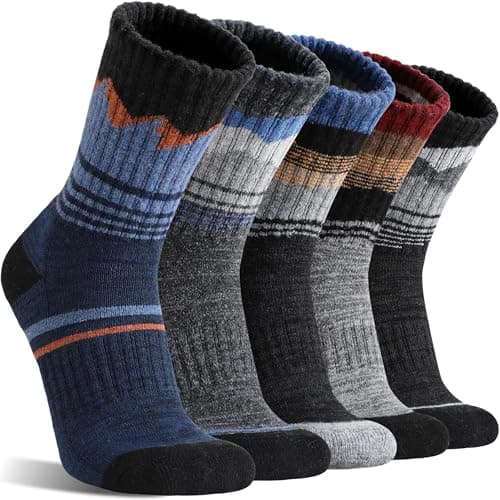 Image of Sandsuced Mens Merino Wool Hiking Socks Thermal Cosy Walking Winter Warm Crew Breathable Socks Stocking Fillers 5 Pairs(Assorted Blue,3-7)