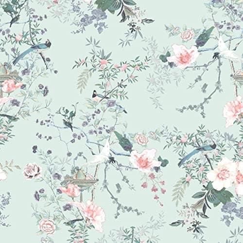 Image of Muriva Lipsy Ophelia Wallpaper - Modern Wallpaper for Living Room, Bedroom, Fireplace - Decorative Luxury Nature Wall Paper with Birds & Cherry Blossom Trails (Soft Pink, Green & Duck Egg)