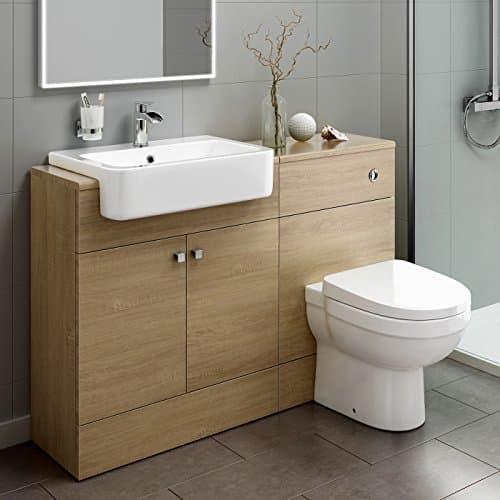 Image of Luxury Oak Vanity Basin Sink Unit + Back to Wall Toilet Storage Furniture Set MV2007