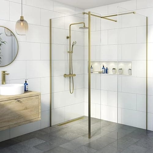 Image of BAYSTONE® 800 & 760mm Wet Room Shower Screen Panels 8mm Toughened Safety Easy Clean Glass Walk in Shower Enclosure + Fixed Return Panel, Brushed Brass