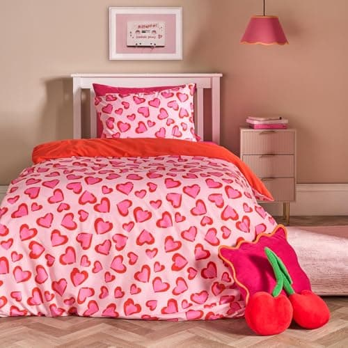 Image of OHS Heart Leopard Bedding Single, Gifts for Girls Super Soft Cosy Warm Microfibre Polyester Girls Single Duvet Cover Set Reversible Plain Red Kids Bedding with Pillowcase, Pink