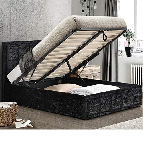 Image of Velvet Ottoman Storage Bed, Happy Beds Hannover Black Crushed Velvet Fabric Modern Bed - 4ft6 Double (135 x 190 cm) Frame Only