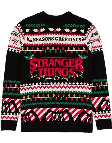 Image of Stranger Things Adults Christmas Jumper | Mens Ladies Seasons Greetings The Upside Down Black Knitted Sweater | Series Merchandise Present for Him Her
