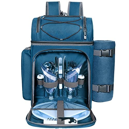 Image of Hap Tim Picnic Basket Backpack for 2 Person with 2 Insulated Cooler Compartment, Wine Holder, Fleece Blanket, Cutlery Set,Perfect for Beach, Hiking, Camping, BBQs, Family or Wedding Gifts(36083-BL2)