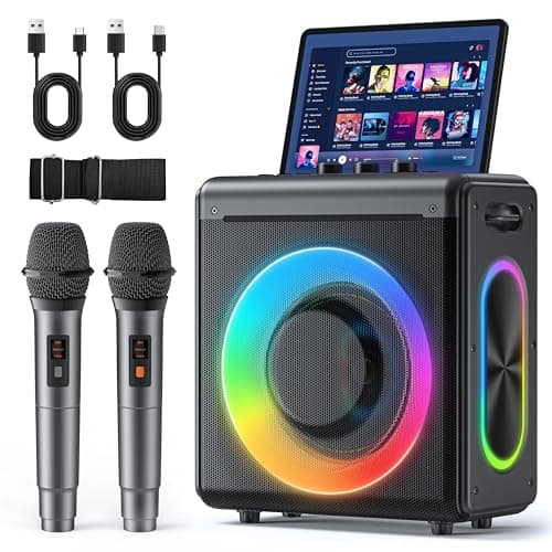 Image of Karaoke Machine with 2 Microphones: Portable Bluetooth Speaker for Adults & Kids - PA System with Lights Supports TWS/TF Card/USB/AUX for Home Party-Stage Subwoofers