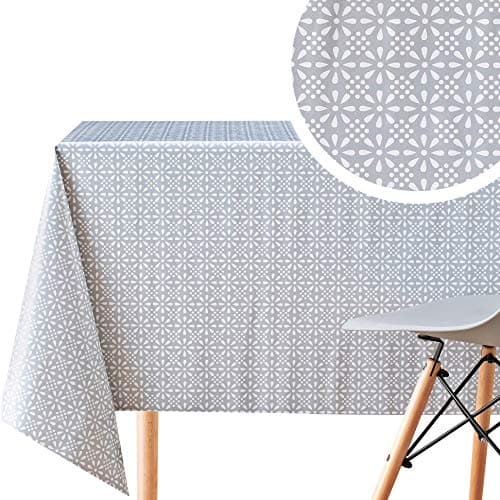 Image of KP Home Oilcloth Rectangular 200 x 140 cm, Retro Grey, Wipe Clean PVC Plastic Tablecloth, Wipe Clean, Waterproof Vinyl Garden Wax Tablecloth with Classic White Floral Design