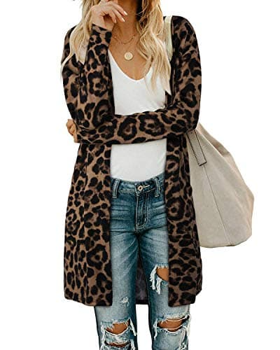 Image of OUGES Women's Leopard Print Open Front Cardigan with Pockets Long Sleeve Casual Lightweight Ladies Cardigan(Leopard01,M)