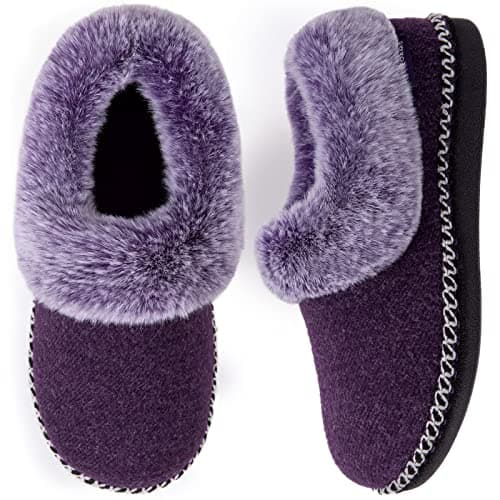 Image of EverFoams Women's Bootie Slippers Warm Soft Comfy Memory Foam Non-slip Indoor House Shoes with Fluffy Collar Purple Size 7 UK