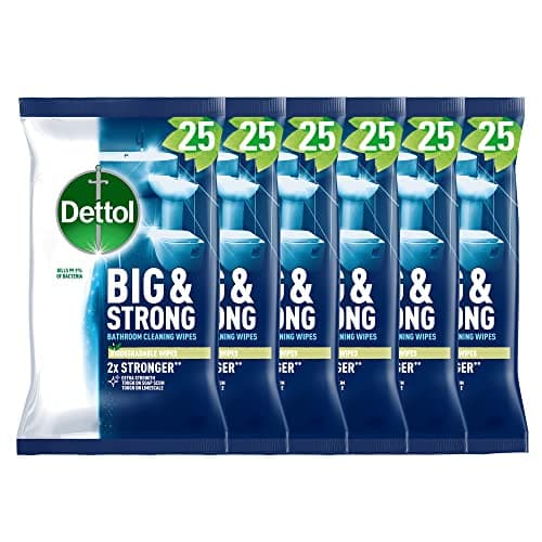 Image of Dettol Big and Strong Bathroom Wipes, 25 Count (6 x 25, Total 150 Wipes), Extra Strength, Tough on Soap Scum and Limescale, Biodegradable