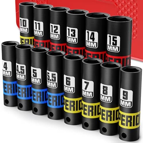 Image of KIRXST 1/4 Inch Drive Impact Socket Set, 14 Piece Deep Sockets 4-15 mm, Metric Socket Set for Bicycle Bike Motorcycle Repair DIY Mechanic Tool