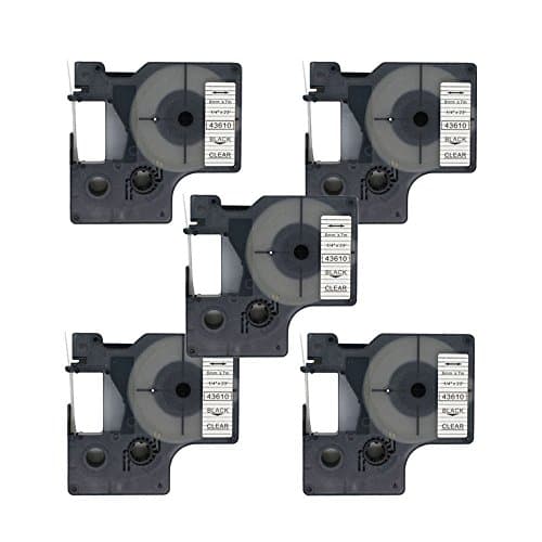 Image of BROVACS 5 Pack Black on Clear Label Tape Compatible for DYMO D1 43610 6mm 1/4" OPA2010x5
