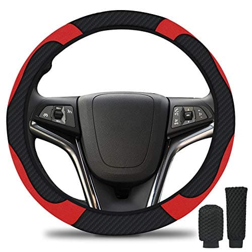 Image of URAQT Steering Wheel Cover, 3 Pack Microfiber Leather Car Steering Wheel Cover Set Include Handbrake Cover Gear Shift Cover, Breathable Anti-slip & Universal Size, Black-Red