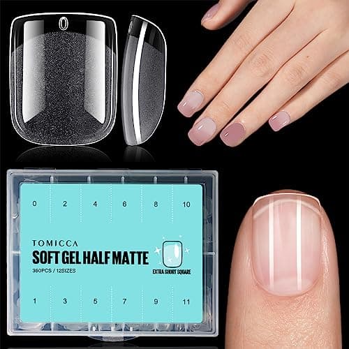 Image of TOMICCA Square Shaped Extra Short Nail Tips - 360PCS Half Matte Soft Gel, No File Needed- Full Cover False Nails, Clear Acrylic & Strong Tips for Press On Extension - 12 Sizes