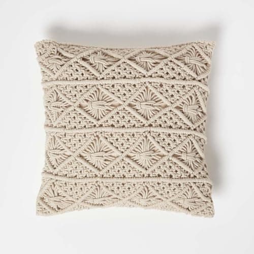 Image of HOMESCAPES Handwoven Macrame Cushion 100% Cotton Natural Cream Cushion with Cable Knit Style Bo-Ho Pattern Super Microfibre Cushion Insert 45 x 45 cm
