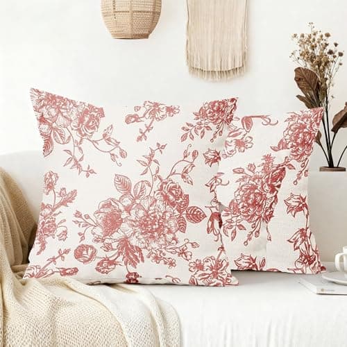Image of Tivleed Pink Cushion Covers, Pink Cushions, Throw Pillow Cases 45x45cm (18x18 Inch) Set of 2, Decorative Vintage Floral Cushion Covers for Sofa Bed Living Room (Linen-Flower, 2)
