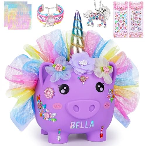 Image of MHJY Piggy Bank for Kids Unicorn Money Box Girls Unbreakable Resin Child Saving Bank Cute Large Coin Banks with Necklace Bracelet DIY Stickers Birthday Set