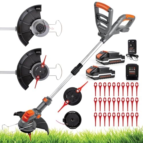 Image of Terratek Cordless Strimmer 2-in-1, 20V 1HR Fast Charge Battery Garden Strimmer, Lightweight Grass Cutter Machine 32x Blades, 1x Nylon Spool, Cordless Grass Trimmer with 2x Batteries & Charger Included