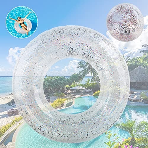 Image of Pukitt 2Pcs Swimming Ring Adults, Colorful Sequins Swim Ring With Beach ball, Transparent Floating Ring, Durable Inflatable Pool Floats, Swimming Ring Tube For Summer Pool Party And Water Sports