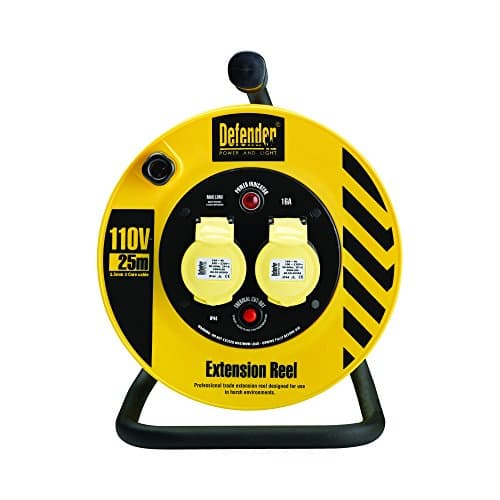 Image of Defender E86450 Light Industrial Cable Reel 25 Metres-16A 2 Way 2.5mm 110V(3-pin rounded plug), Yellow/Black