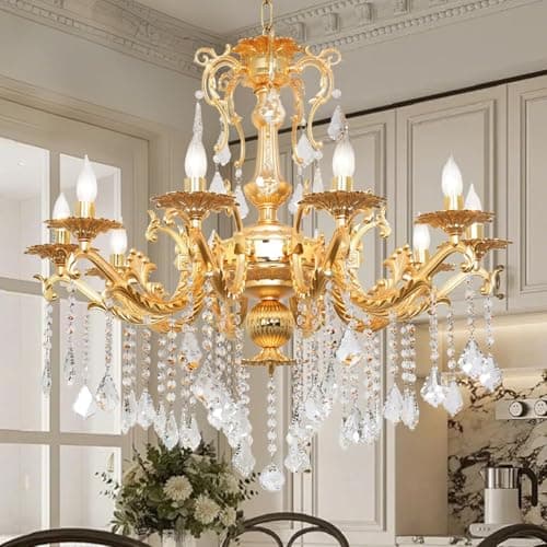 Image of GMlixin Modern Elegant 10 Lights Crystal Chandelier Antique Chandelier Golden Pendant Ceiling Lighting European Style for Dining Living Room Bedroom Transparent, 10 E12 Bulbs Required