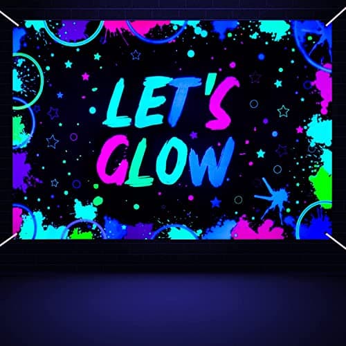 Image of Let's Glow Neon Birthday Banner Backdrop - Glow in The Dark Black Light Themed Party Photography Background, 5.9x3.9ft