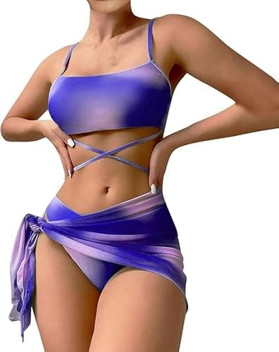 Image of BSLVWG Women 3 Piece Bikini Sets with Skirt Halter Bikini Top Sexy Triangle Bikini Bottoms Beach Swimsuit Swimwear Bathing Suits (UK, Alpha, M, Regular, Regular, Purple)
