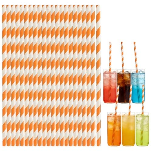 Image of Orange Striped Paper Drinking Straws 100 Pack, Disposable Party Straws for Juice, Cocktails Soft Drinks Decorative Straws for Birthday, Halloween, Wedding Party
