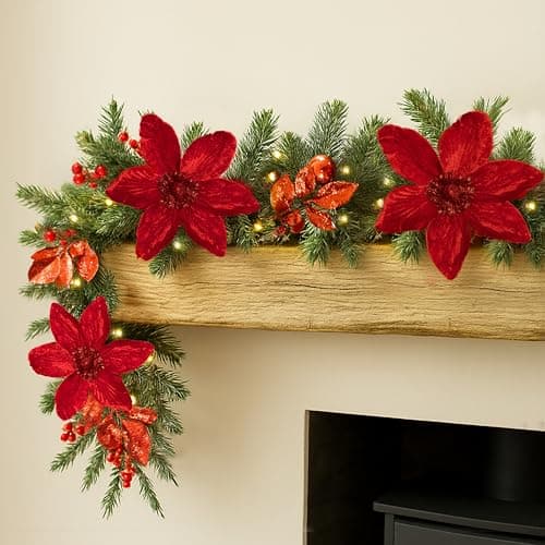 Image of Marco Paul 9ft Luxury Pre Lit Christmas Garland with Lights Red Poinsettia Flower Artificial Pine Garland Battery Operated LED Garland Cool & Warm White Lights, Fireplace & Stairs Decor