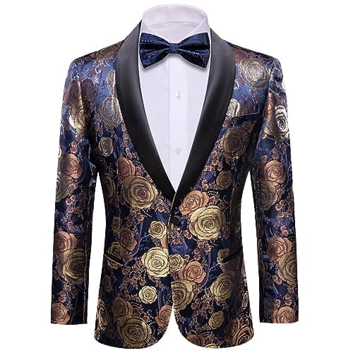 Image of Barry.Wang Men's Tuxedo Blazer Luxury Paisley Embroidery Casual Jacket Lapel One Button Wedding Business Coat Blue Gold S-3XL