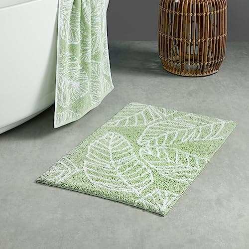 Image of Fusion Green Leaf Bath Mat (50 x 80cm) - 100% Cotton - Super Soft - Tropical Palm Leaves - Absorbent - Green, Khaki