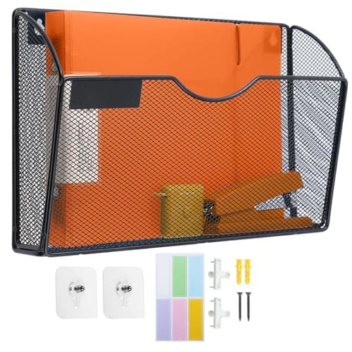 Image of PLSOPPKG 1 Tier Hanging Wall File Holder, Metal Mesh Magazine Rack, A4 Wall Pocket File Holder, Mail Organiser Magazine Storage Rack, Wall Mounted File Organizer, Black