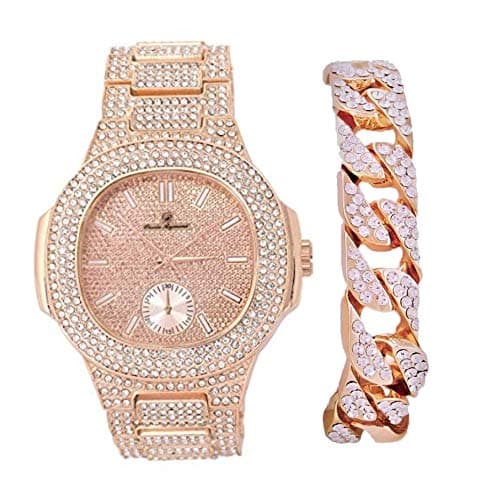 Image of Charles Raymond Bling-ed Out Bracelet with Oblong Iced Look Hip Hop Watch - 8475BC Cuban, Rose Gold, 9 Inches Watch 9 Inches Bracelet, 8475BC Cuban (Rose Gold)
