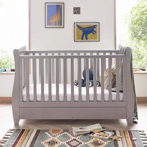 Image of Babymore Stella Sleigh Cot Bed Drop Side with Drawer | Solid Pine Wood |Converts into Day Bed, Toddler Bed | Teething Rail | Grey