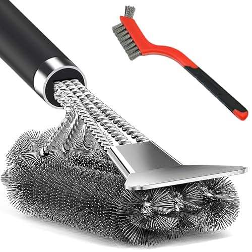 Image of BBQ Grill Cleaning Brush with Stainless Steel Scraper, Heavy Duty Wire Bristles & Long Handle, 2-in-1 Barbecue Cleaner for Gas, Charcoal & Electric Grill, BBQ Cleaning Brush Set with Bonus Brush