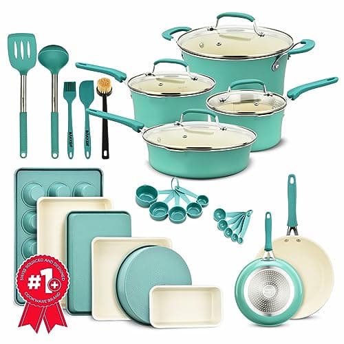 Image of Cookware Set – 23 Piece –Aqua Multi-Sized Cooking Pots with Lids, Skillet Fry Pans and Bakeware – Reinforced Pressed Aluminum Metal - Suitable for Gas, Electric, Ceramic and Induction by BAKKEN Swiss