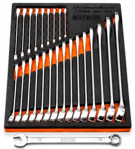 Image of BOLTWORK Spanner Set 25 Combination Open and Bi-Hexagonal Spanner Set, Drop Forged 6 to 28, 30, 32mm Metric Sizes Supplied in Heavy Storage Eva Foam Tray