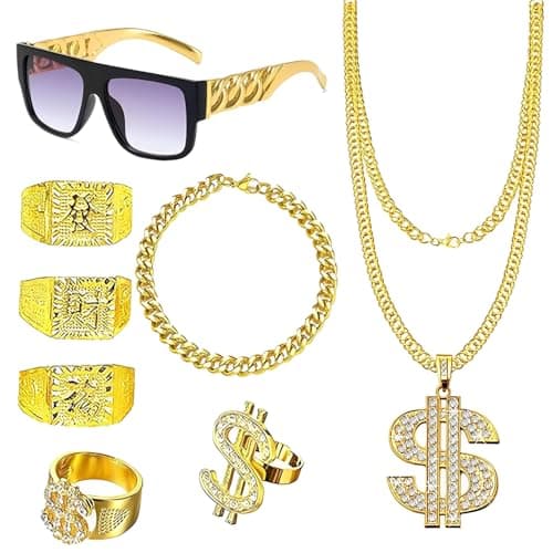 Image of WORUIB 8Pcs Hip Hop Party Decorations, Fake Gold Chain Set, 90s Fancy Dress Accessories for Men and Women, Dollar Sign Necklace, Gold Bracelet, Rings and Glasses for Retro Themed Outfits