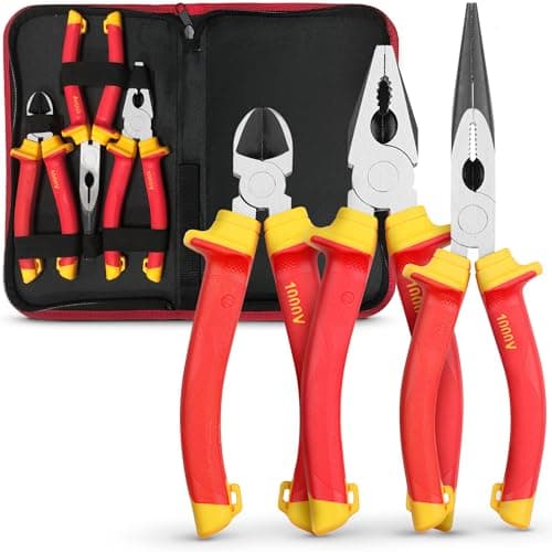 Image of Effektwerk 3 pc Electricians Pliers Set, Insulated & VDE Tested for Safety, Heavy-Duty Combination, Long/Needle Nose & Side Cutters/Diagonal Cutting Pliers, Multi-Purpose Tools w/Comfort Grips