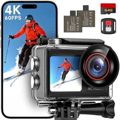 Image of syndesmos Action Camera 4K 60FPS, 40M Ultra HD Underwater Camera, 30MP EIS Anti-Shake WiFi Action Cam with Dual Touch Screen, 64GB Card, Remote Control, Waterproof Case and Mounting Accessories Kit